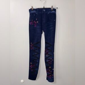 Docele Navy Floral Distressed Zigzag Holes Leggings OS Women’s Lounge Cozy